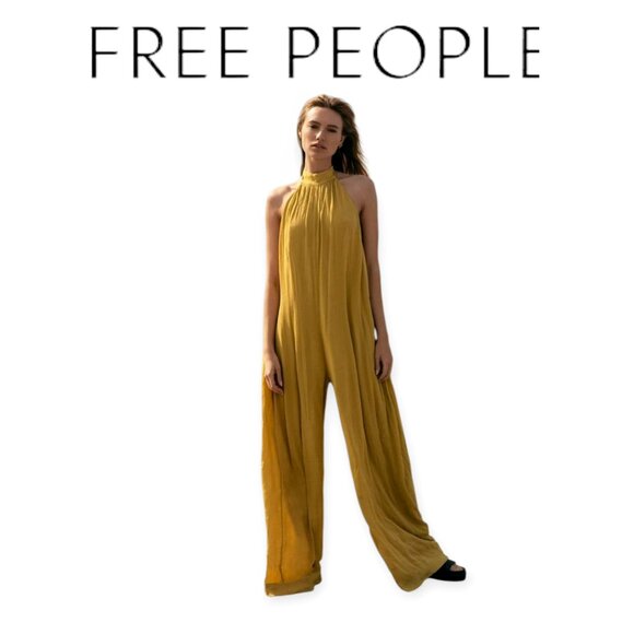 Free People Pants - Free People endless summer deep end halter wide leg gold jumpsuit size XS boho